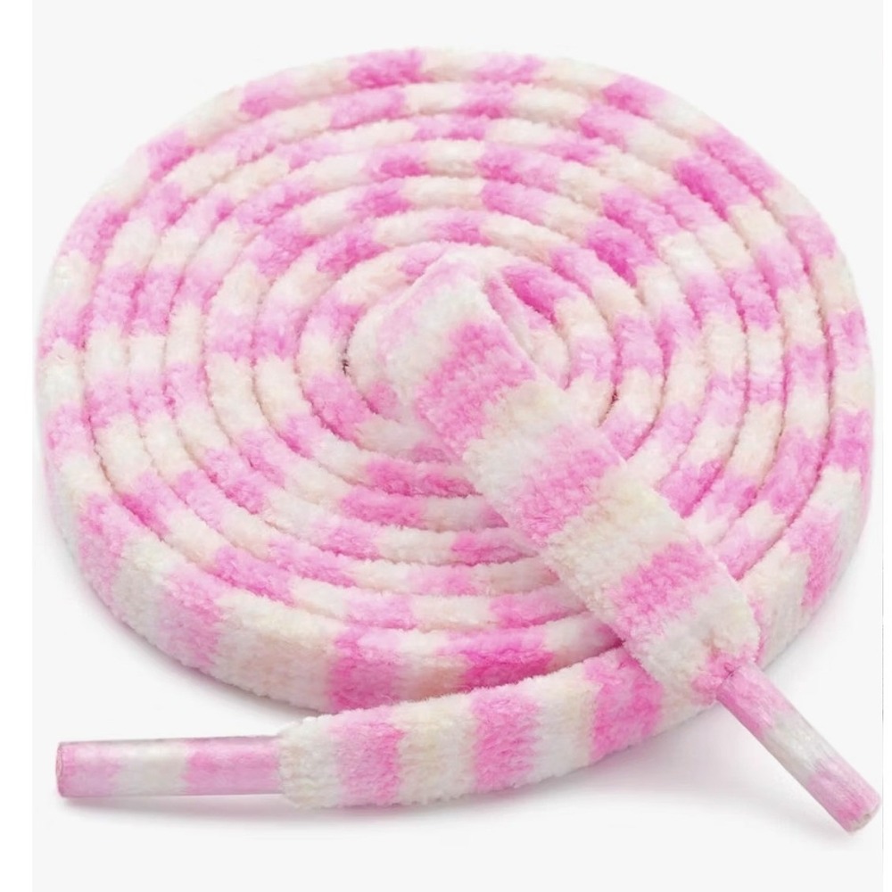 DELELE Pink White Striped Fuzzy Shoelaces Soft Plush Flannel Flat Laces 1 Pair